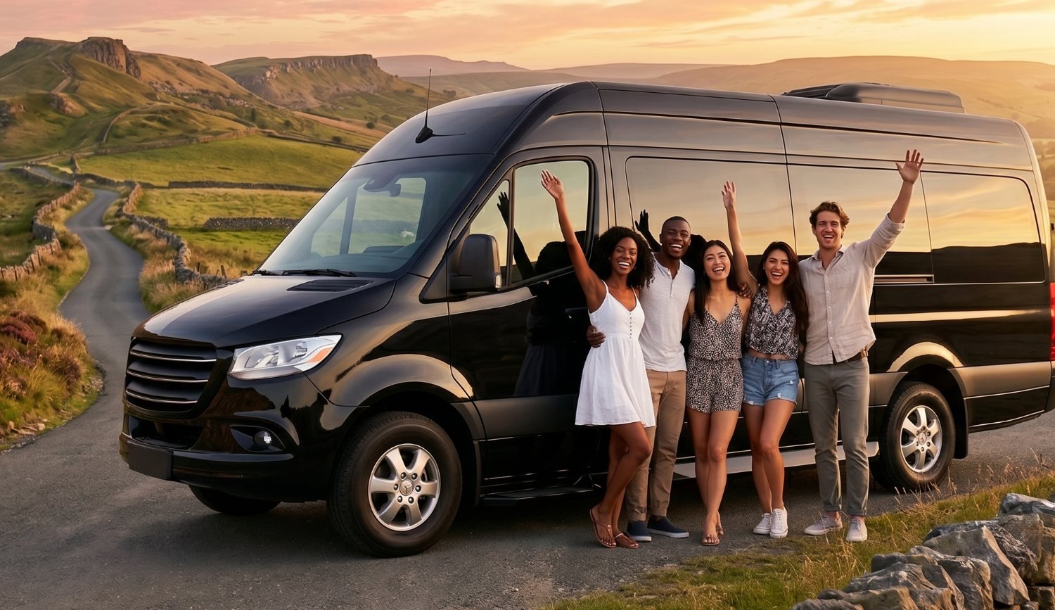 Group of travellers waving beside a black minibus at sunset