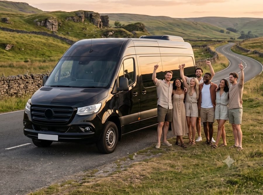Group of travellers waving beside a black minibus at sunset