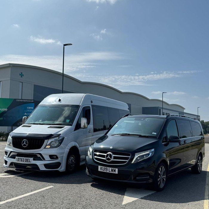 ATS Travel Mercedes-Benz Sprinter minibus and black V-Class parked together before a group booking in Derby